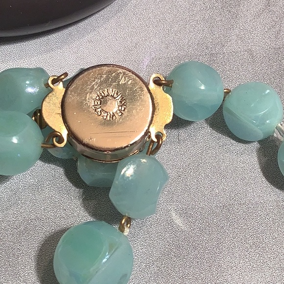 VINTAGE 1950s WEST GERMAN 2 STRAND  AQUA IRIDESCENT BEADED NECKLACE EARRINGS - Picture 7 of 8